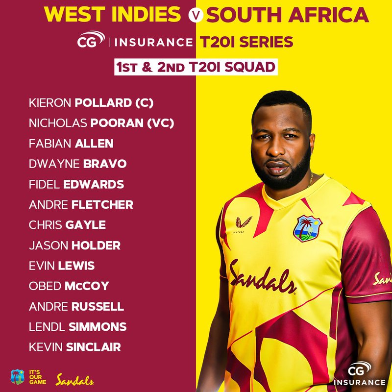 West Indies squad announced for 1st and 2nd CG Insurance T20